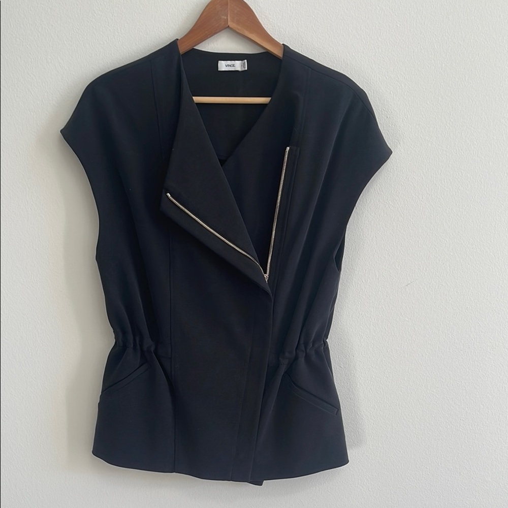 Vince Asymmetrical Cupro small black vest with‎ zipper
